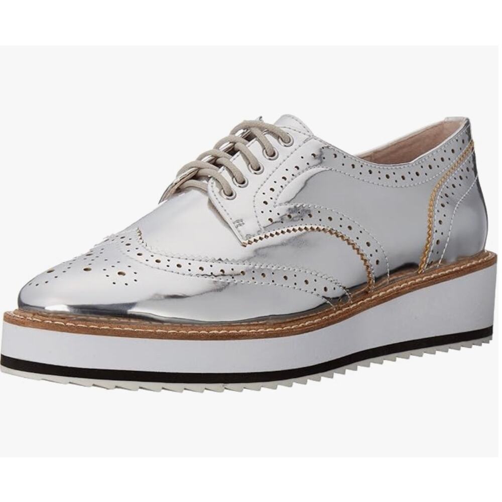 Shellys London Womens 9.5 Silver Leather Emma Platform Wingtip Oxford Loafer